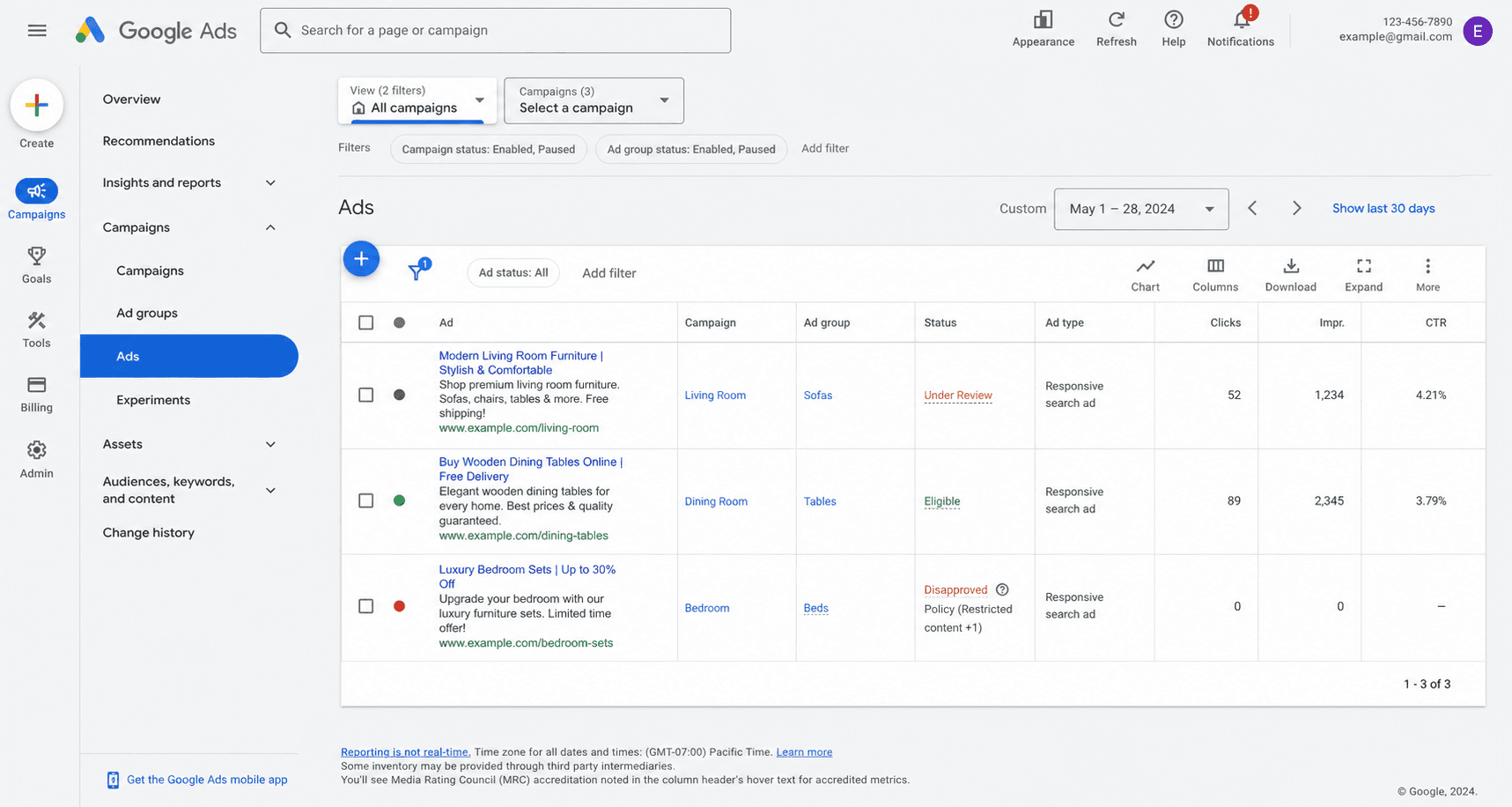 Google Ads Status column showing Under Review, Eligible, and Disapproved values for individual ads