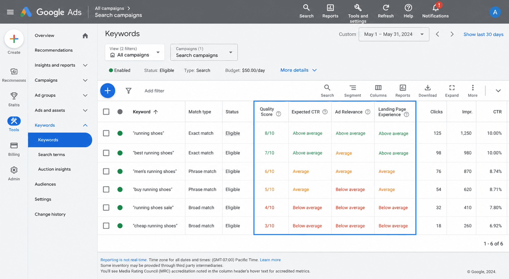 Google Ads Tools menu showing the Ad Preview and Diagnosis Tool location for testing whether an ad is eligible to appear for a specific search