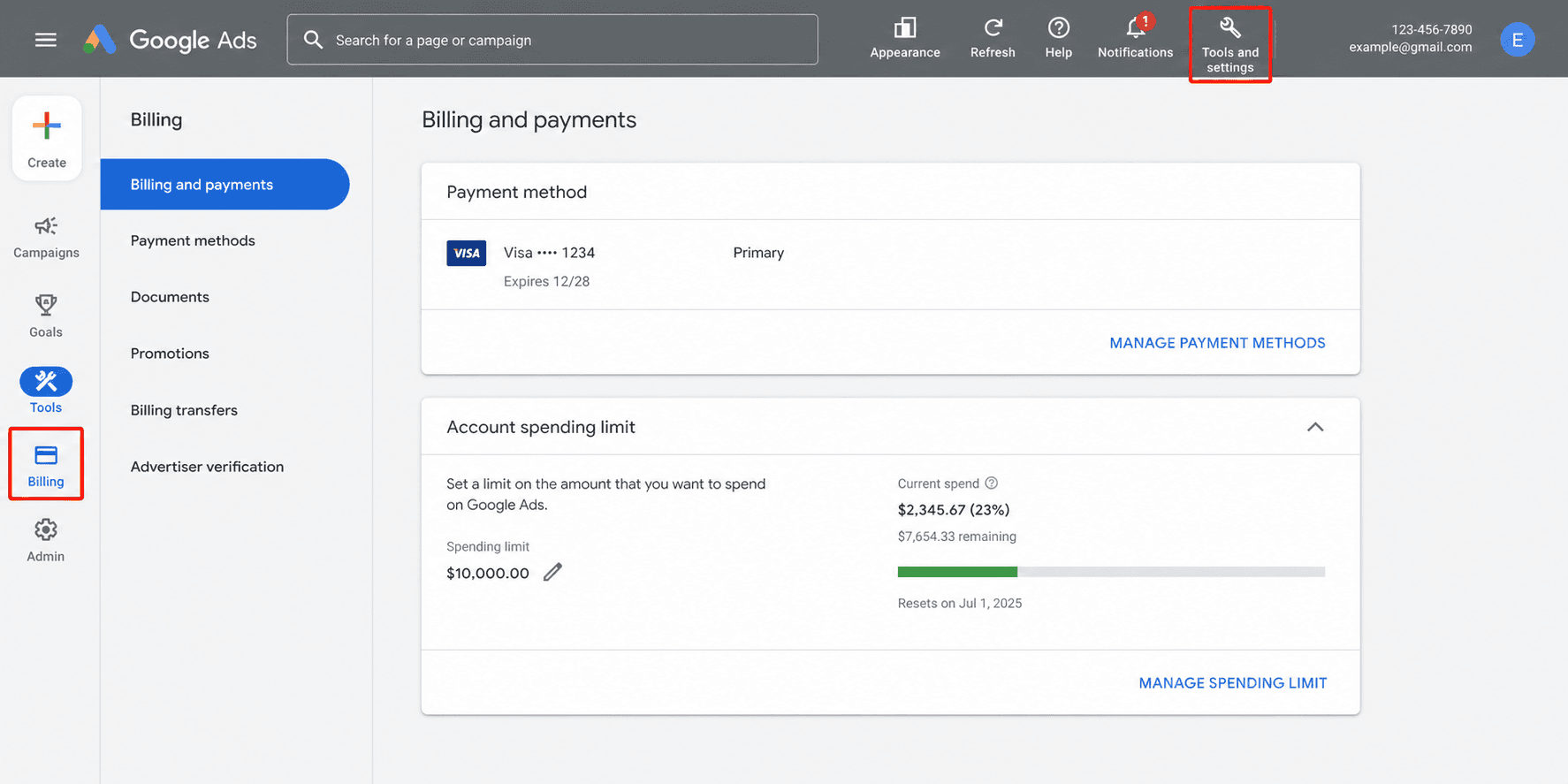 Google Ads Billing and Payments page showing payment method status, balance, and account spending limit controls